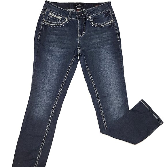 Earl Jeans Embellished Embroidered Skinny Jeans Size 2P Dark Wash Rhinestone EUC - Picture 1 of 12